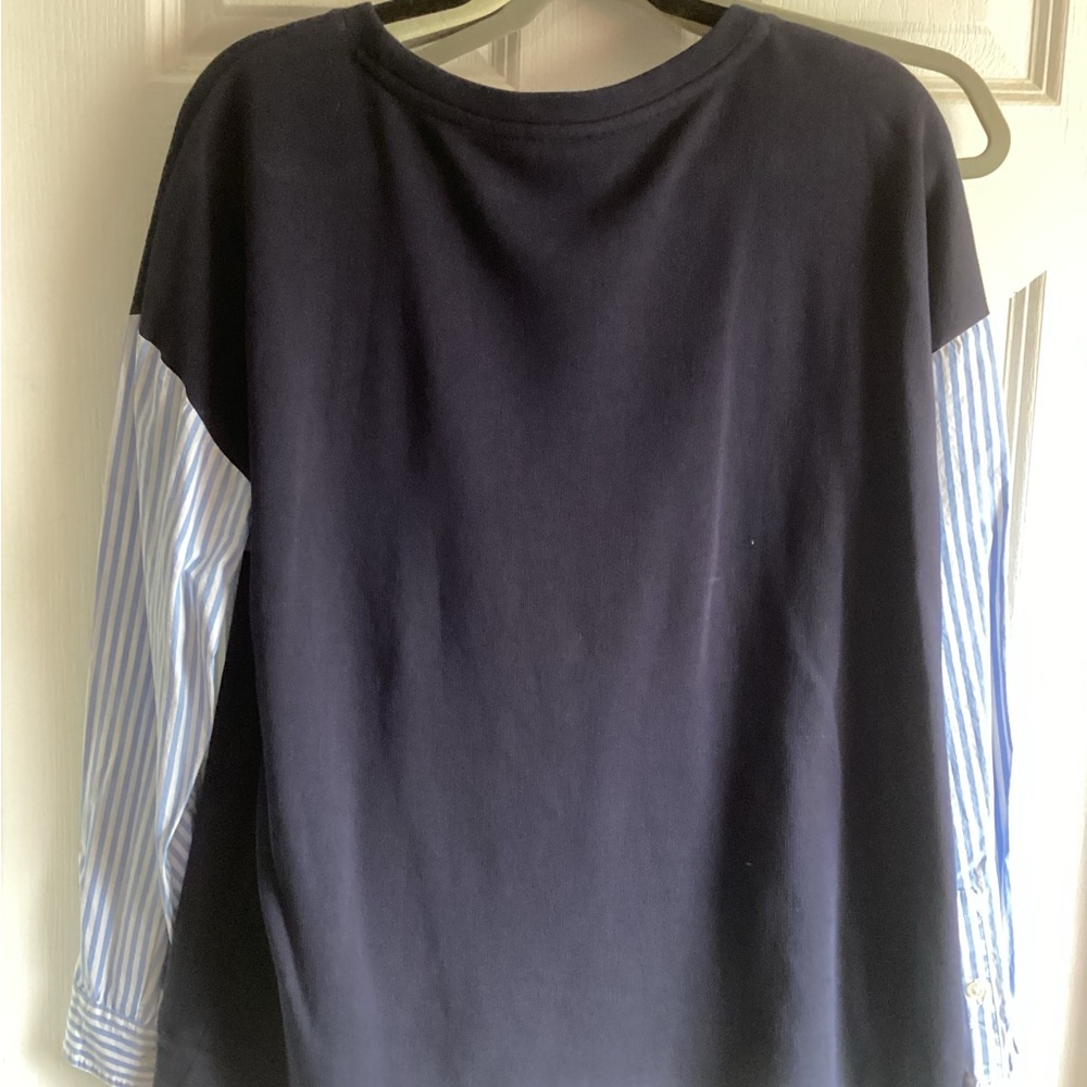 Talbots XL Navy Sweatshirt with Blue-White Striped Shirt Sleeves - Picture 5 of 6